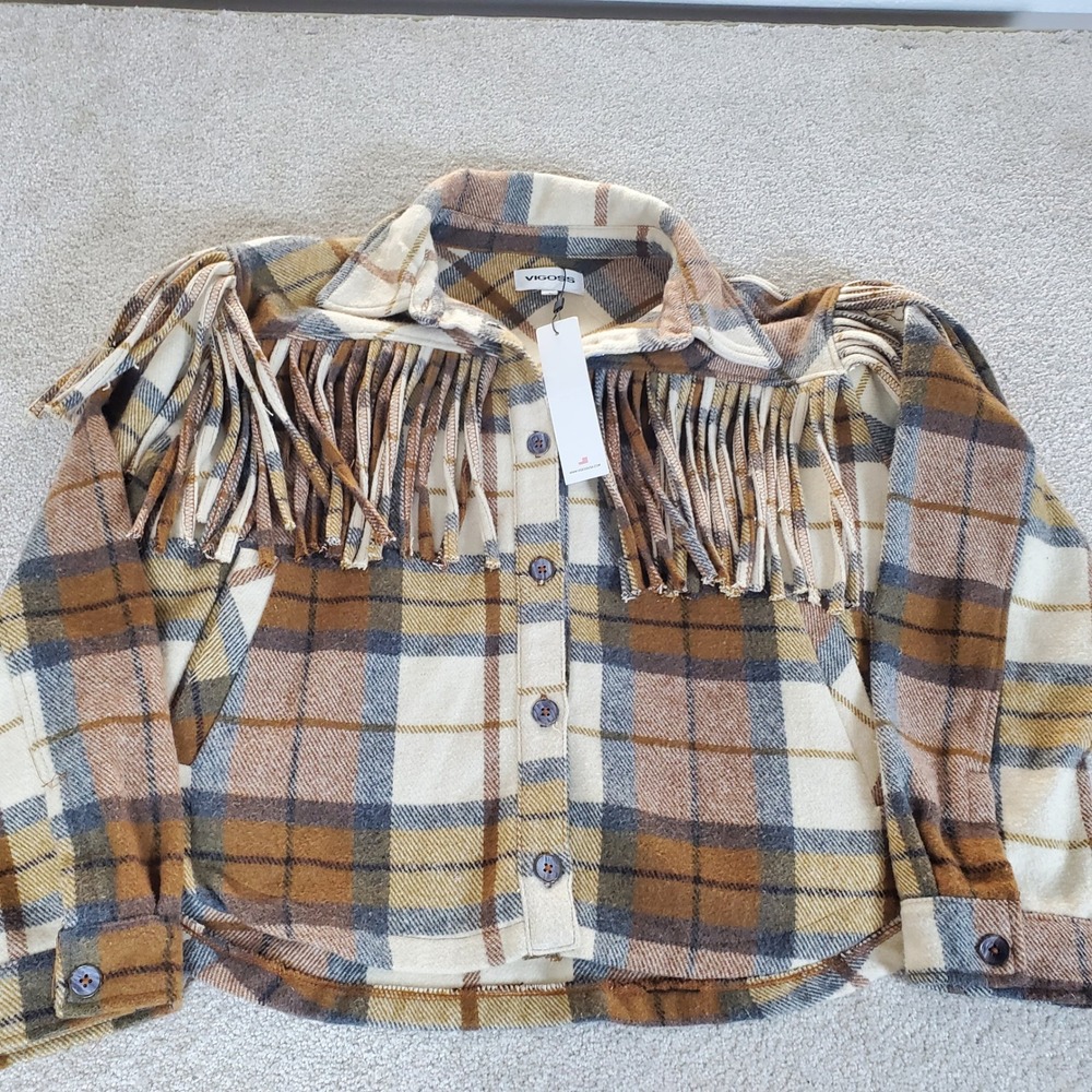 Vigoss Shacket Women's XL Brown Plaid Fringe Western Button Up Jacket NWTGS
